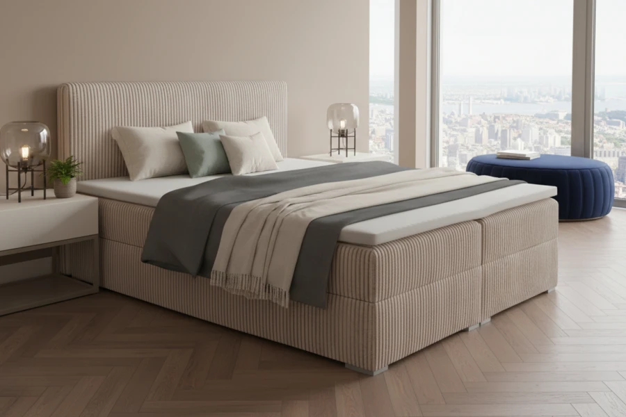 Beiges Boxspringbett mit Cord-Optik in hellem Schlafzimmer mit Aussicht.