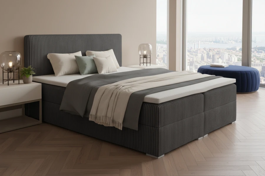 Modernes Boxspringbett in Dunkelgrau mit geripptem Stoffbezug und Nachttisch.