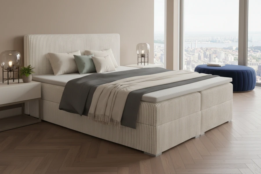 Elegantes cremefarbenes Boxspringbett mit geripptem Stoffbezug vor einem großen Panoramafenster.