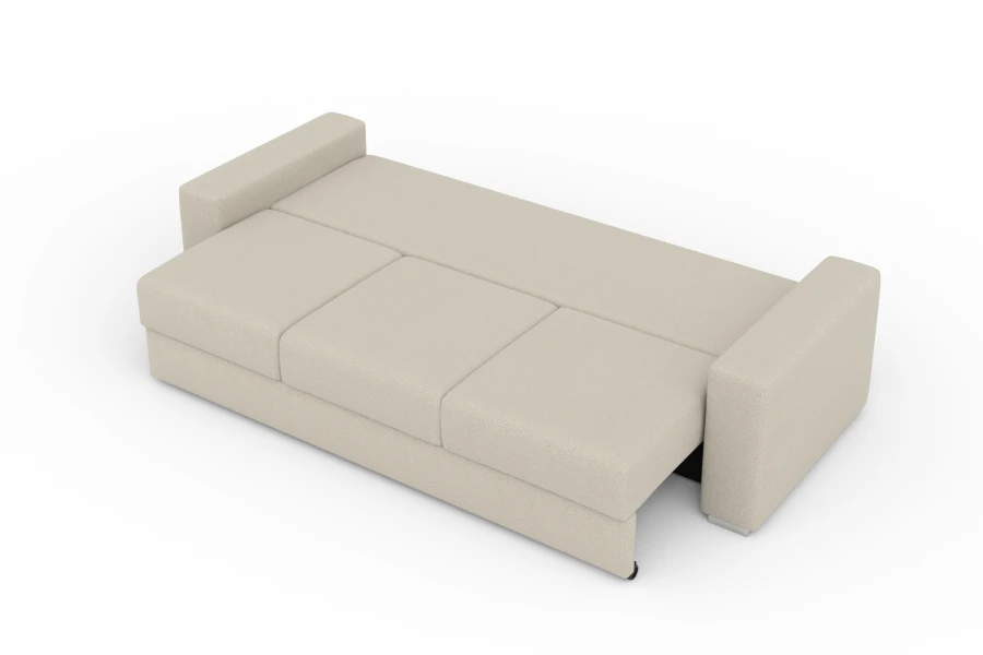 Modernes beige Schlafsofa mit praktischer Ausziehfunktion auf weißem Hintergrund, Draufsicht.
