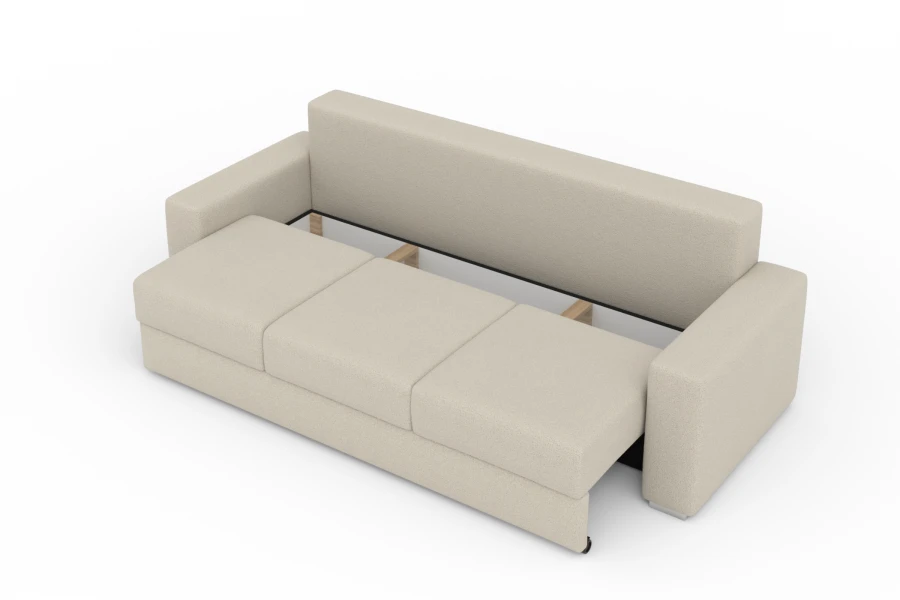 Beige Funktionssofa mit integrierter Bettfunktion im halb ausgezogenen Zustand, moderne Optik.