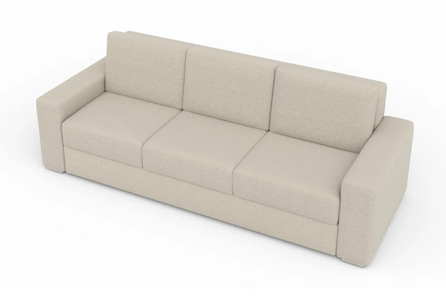 Modernes beiges 3-Sitzer Sofa in minimalistischem Design auf weißem Hintergrund.