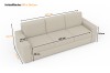 Sofa-Abmessungen mit Maßangaben für Breite, Höhe und die 195x144 cm große Schlaffläche.