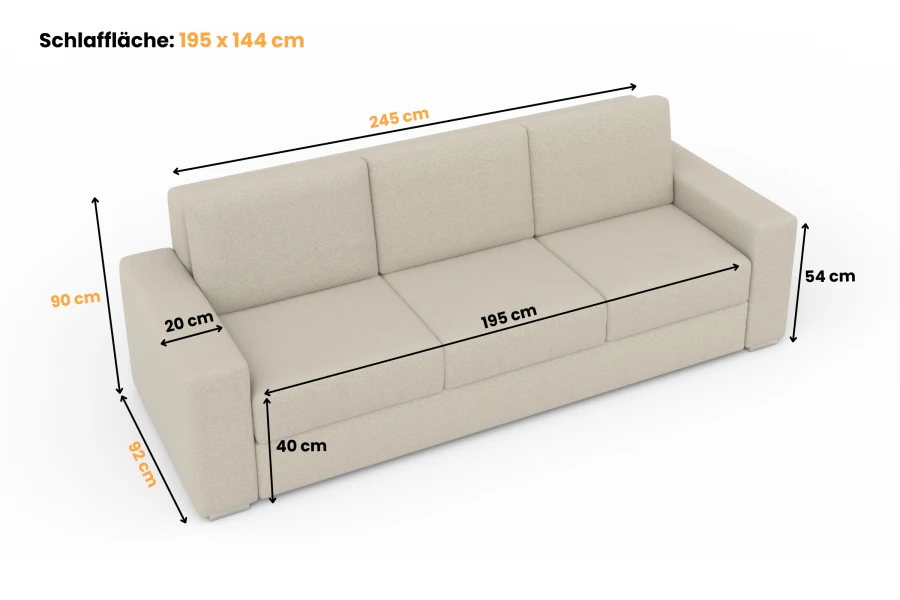 Sofa-Abmessungen mit Maßangaben für Breite, Höhe und die 195x144 cm große Schlaffläche.
