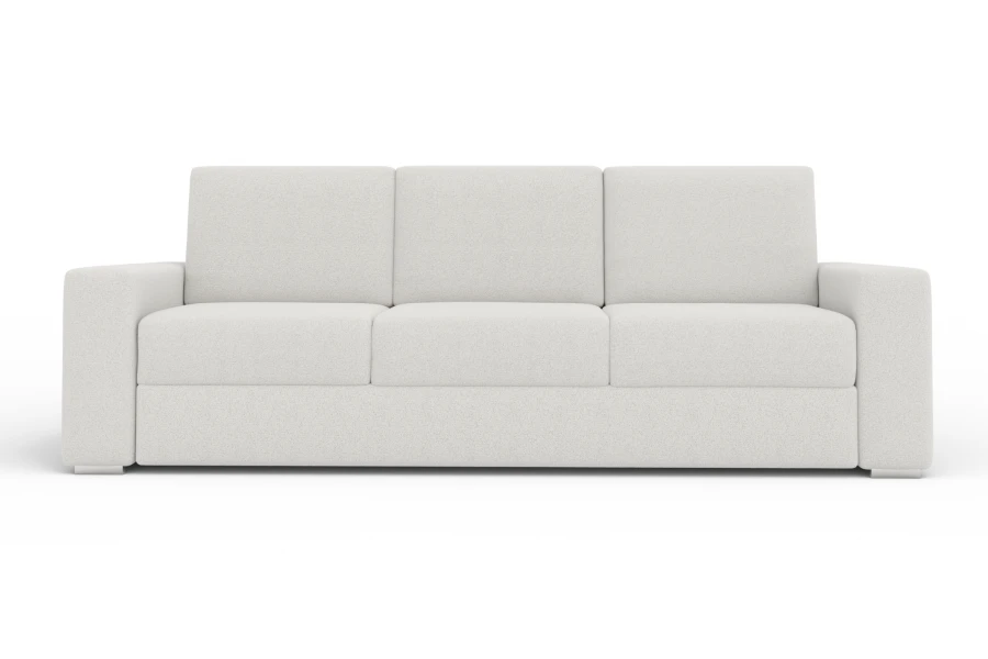Modernes hellgraues 3-Sitzer Sofa mit strukturiertem Stoff vor weißem Hintergrund.