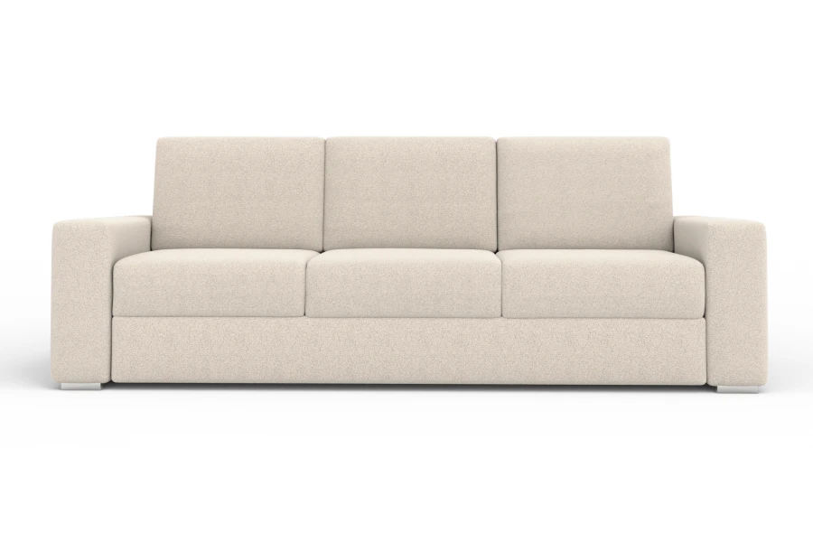Elegantes beiges 3-Sitzer Sofa in minimalistischem Design vor weißem Hintergrund.