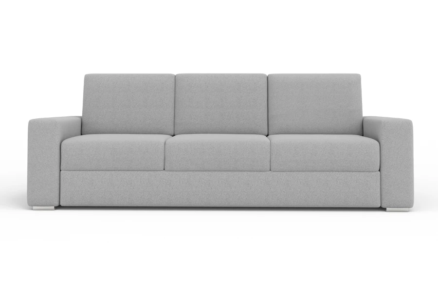 Modernes 3-Sitzer Sofa mit hellgrauem Bouclé-Bezug vor weißem Hintergrund.
