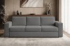 Dunkelgraues Bouclé-Sofa in einem eleganten Wohnzimmer-Ambiente mit Holzwand.