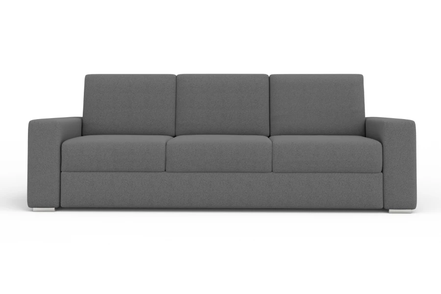 Schlichtes 3-Sitzer Sofa in dunkelgrauem Bouclé-Stoff auf weißem Grund.