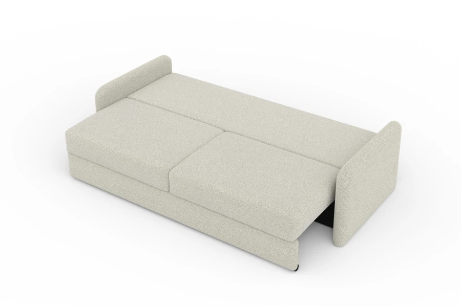 Ausgeklapptes beige Schlafsofa als Gästebett, Ansicht von oben.