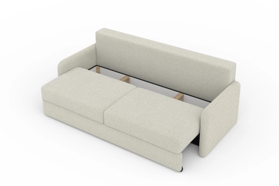 Beiges Ausziehsofa mit sichtbarem Bettkasten zur Aufbewahrung.