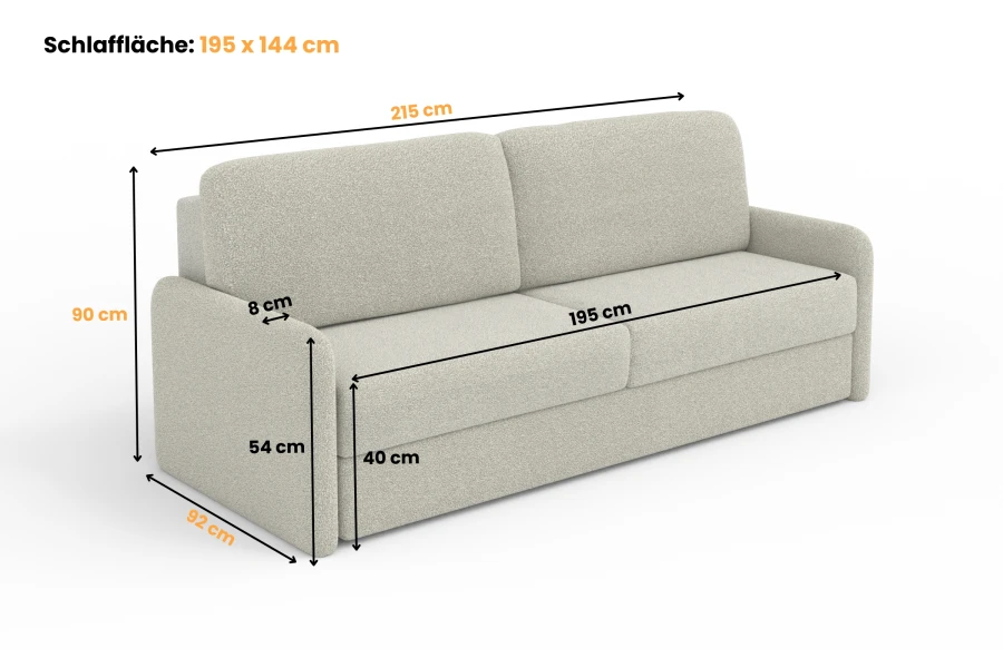 Abmessungen des Schlafsofas: 215 cm Breite und 195x144 cm Liegefläche.