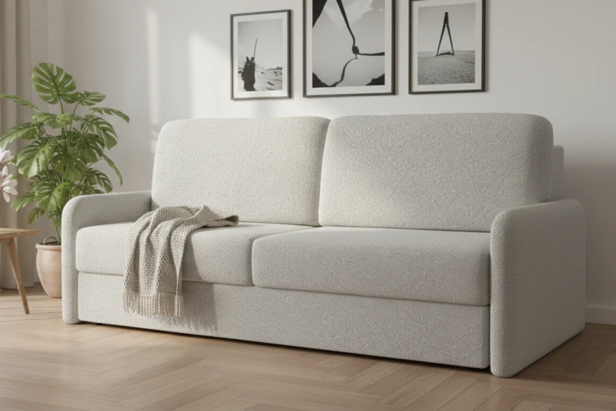 Modernes Schlafsofa aus beigem Bouclé-Stoff in einem hellen Wohnzimmer mit Dekoration.