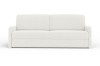 Elegantes beiges Schlafsofa mit Bouclé-Bezug in Frontansicht auf weißem Hintergrund.