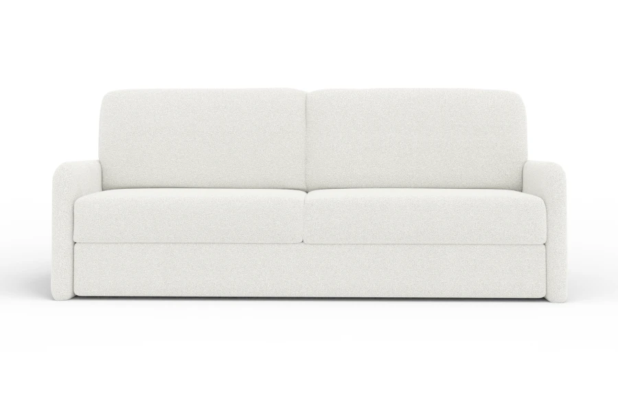 Elegantes beiges Schlafsofa mit Bouclé-Bezug in Frontansicht auf weißem Hintergrund.