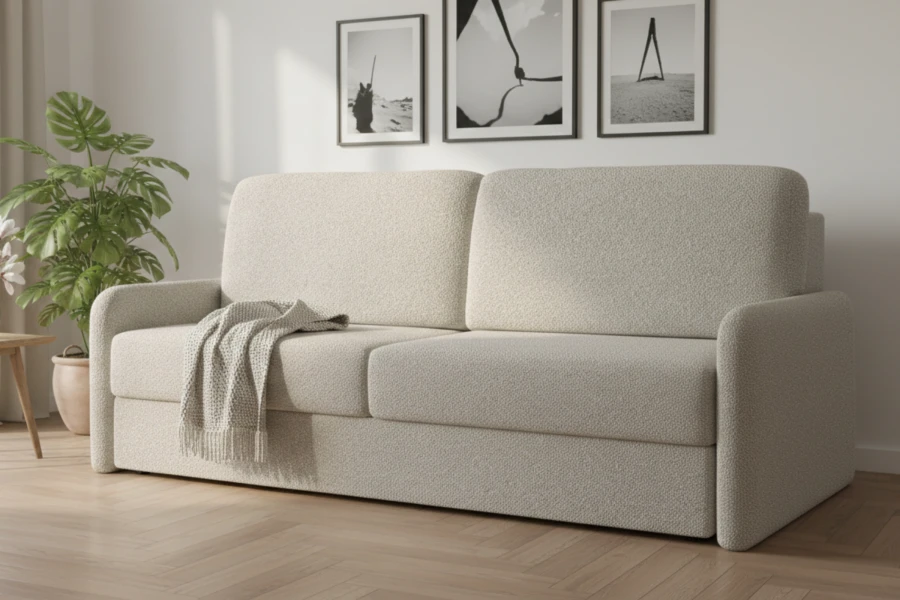 Stilvolles beiges Sofa mit Bouclé-Struktur in einem modernen Wohnzimmer-Interieur.