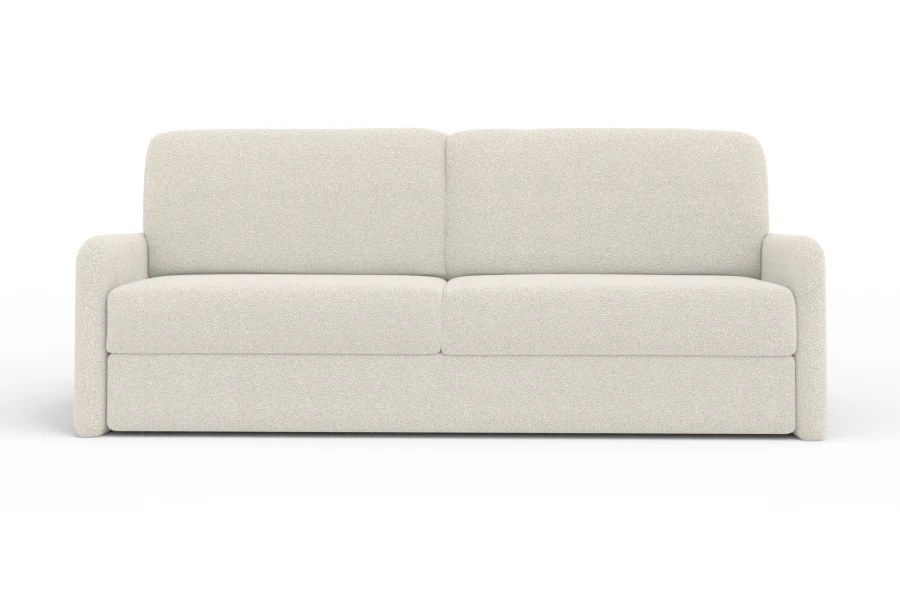 Beiges 2-Sitzer Sofa aus Bouclé-Stoff vor weißem Hintergrund