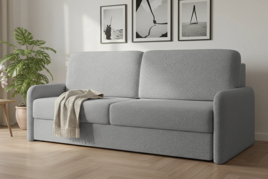 Graues Sofa in modernem Wohnzimmer mit Decke und Zimmerpflanze