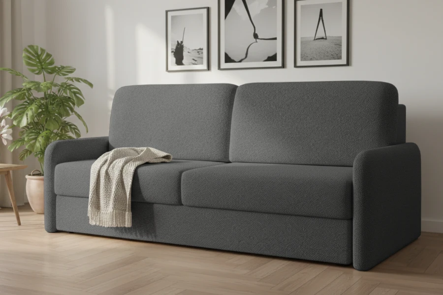 Dunkelgraues Polstersofa in gemütlicher Wohnzimmer-Atmosphäre