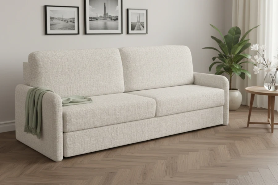Helles beige-farbenes Sofa in einem stilvoll eingerichteten Wohnzimmer mit Parkett.