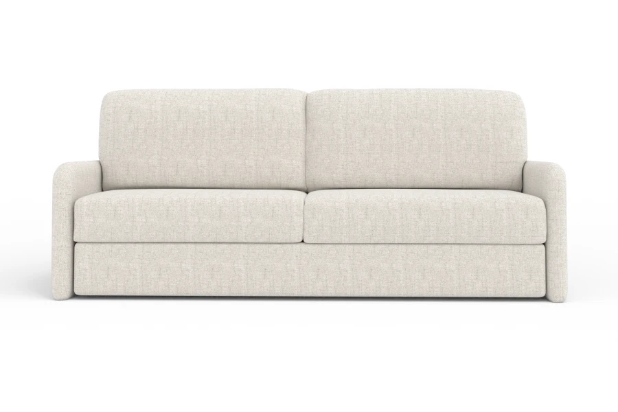 Elegantes hellbeiges Polstersofa in Frontalansicht isoliert auf weißem Grund.