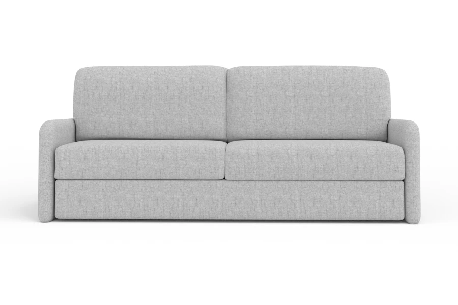 Freigestellte Frontansicht eines hellgrauen Sofas auf weißem Hintergrund.