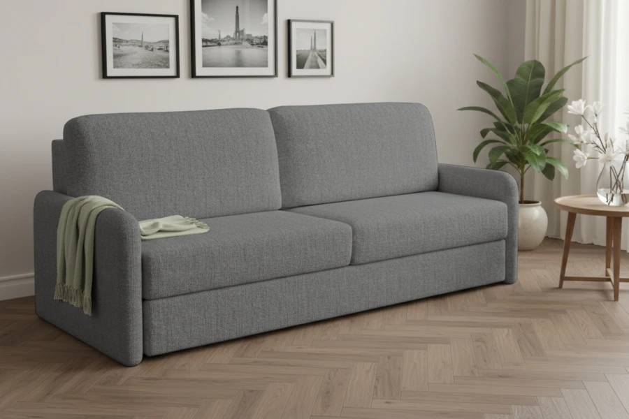 Graues Sofa in einem stilvollen Wohnzimmer mit Holzfußboden und Wandbildern.