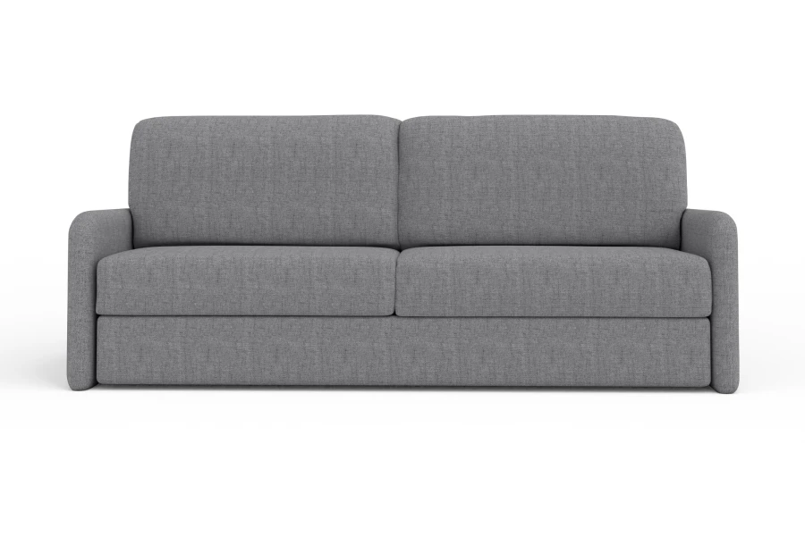 Hellgraues Sofa in Frontansicht auf weißem Hintergrund.