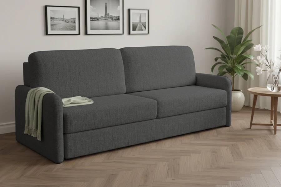 Dunkelgraues Schlafsofa in modernem Wohnzimmer mit Parkett.