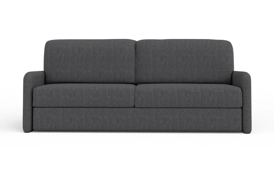 Anthrazitfarbenes Sofa in Frontalansicht auf weißem Hintergrund.