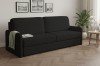 Schwarzes Sofa in stilvollem Wohnzimmer mit Wandbildern und Pflanze.