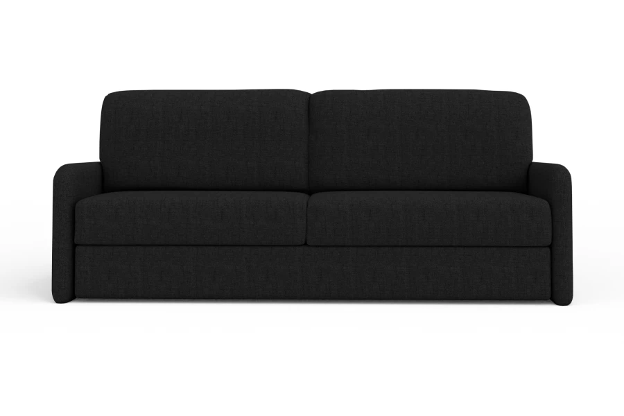 Modernes 2-Sitzer Sofa in Dunkelgrau, Frontansicht auf weißem Hintergrund.