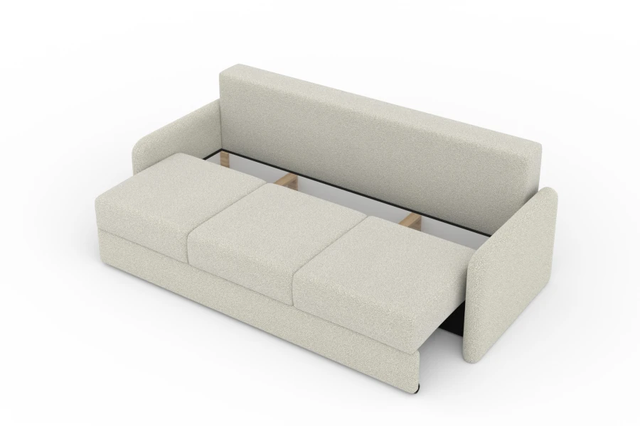 Ausziehbares Schlafsofa in Beige im halb geöffneten Zustand.