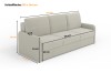 Detaillierte Maße und Abmessungen für das beige Schlafsofa.