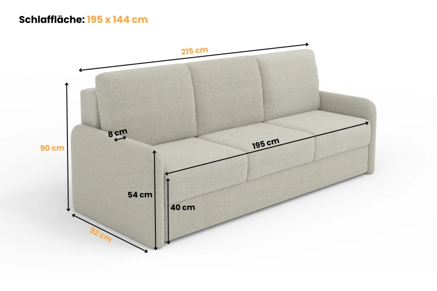 Detaillierte Maße und Abmessungen für das beige Schlafsofa.
