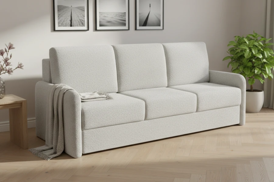 Modernes beige Dreisitzer-Sofa in einem hellen Wohnzimmer.