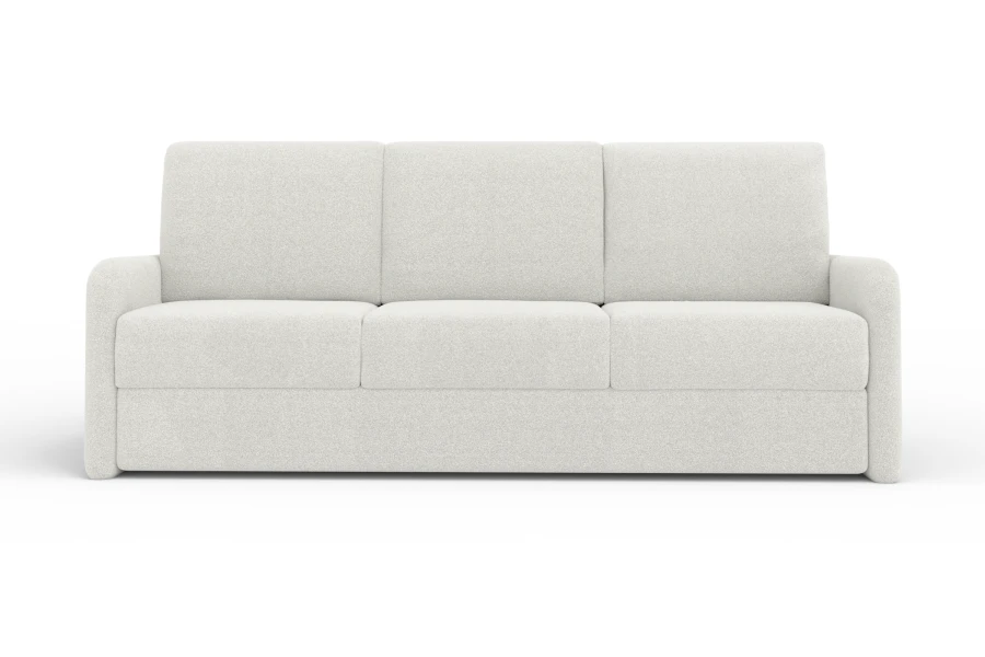Frontansicht des beigen Dreisitzer-Sofas auf weißem Hintergrund.