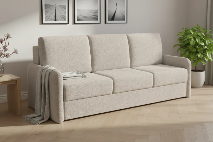 Beiges 3-Sitzer Sofa mit Bouclé-Stoff in modernem Wohnzimmer.