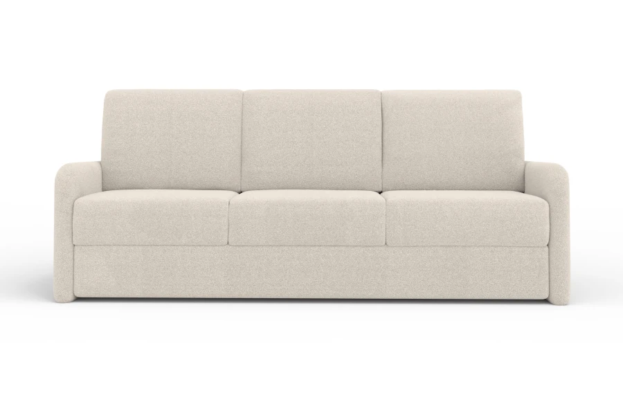 Modernes beiges 3-Sitzer Sofa mit Bouclé-Bezug, Frontansicht freigestellt.