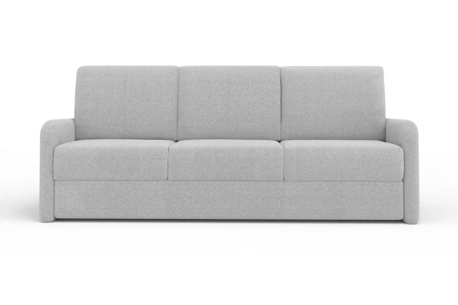 Hellgraues 3-Sitzer Sofa mit strukturiertem Stoffbezug, Frontansicht.