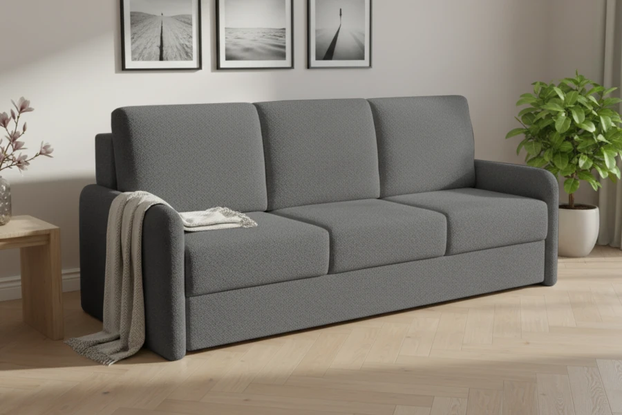 Modernes dunkelgraues 3-Sitzer Sofa im Wohnzimmer mit Dekoration.