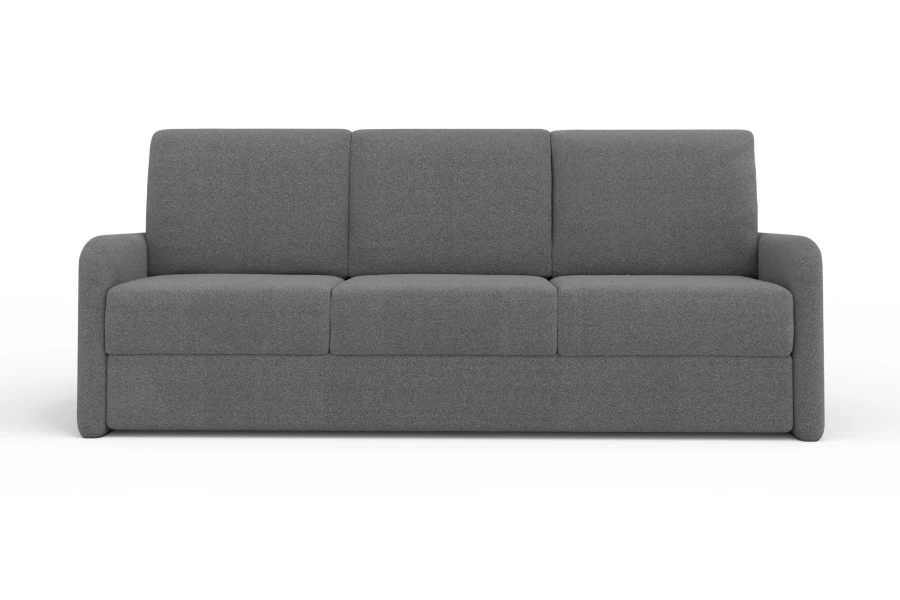 Dunkelgraues 3-Sitzer Sofa mit strukturiertem Stoff vor weißem Hintergrund.