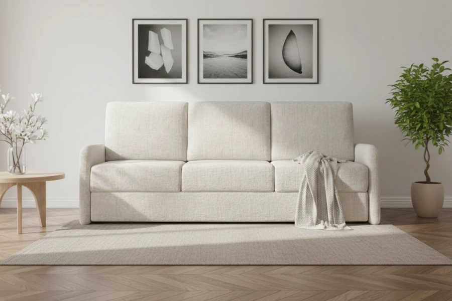 Cremefarbenes 3-Sitzer Sofa in hellem, modernen Wohnzimmer-Ambiente.