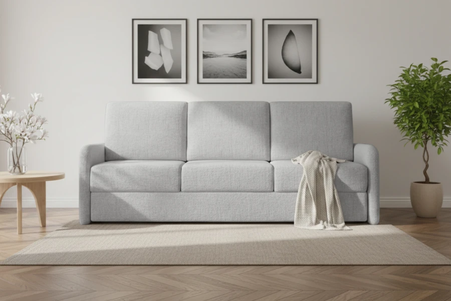 Hellgraues Dreisitzer Sofa im Wohnzimmer Ambiente mit Bildern