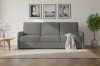 Graues 3-Sitzer Sofa in hellem Wohnzimmer mit Wandbildern und Zimmerpflanzen.