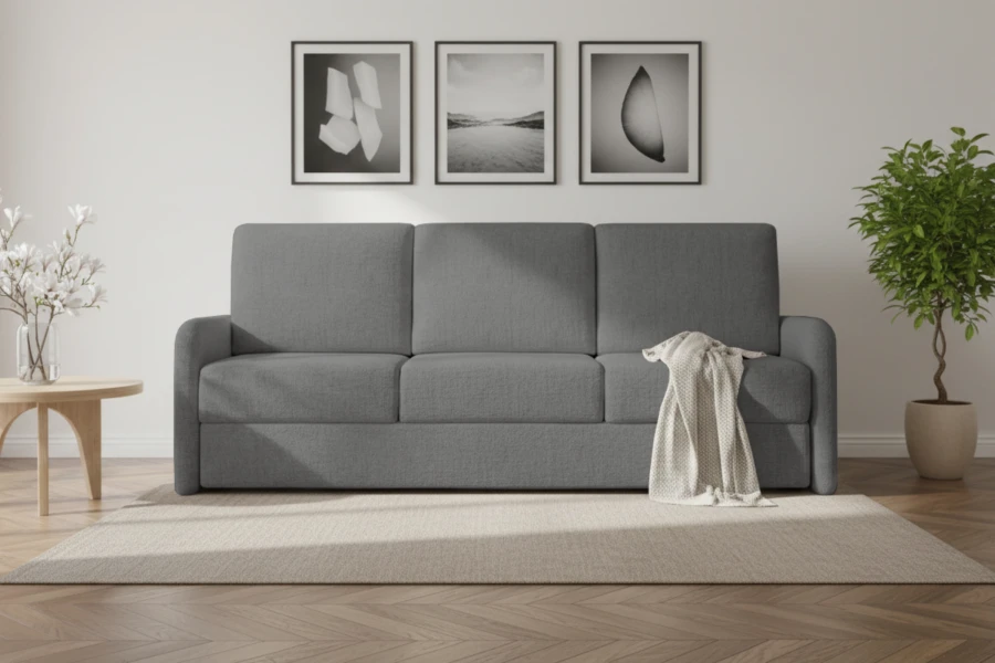 Graues 3-Sitzer Sofa in hellem Wohnzimmer mit Wandbildern und Zimmerpflanzen.