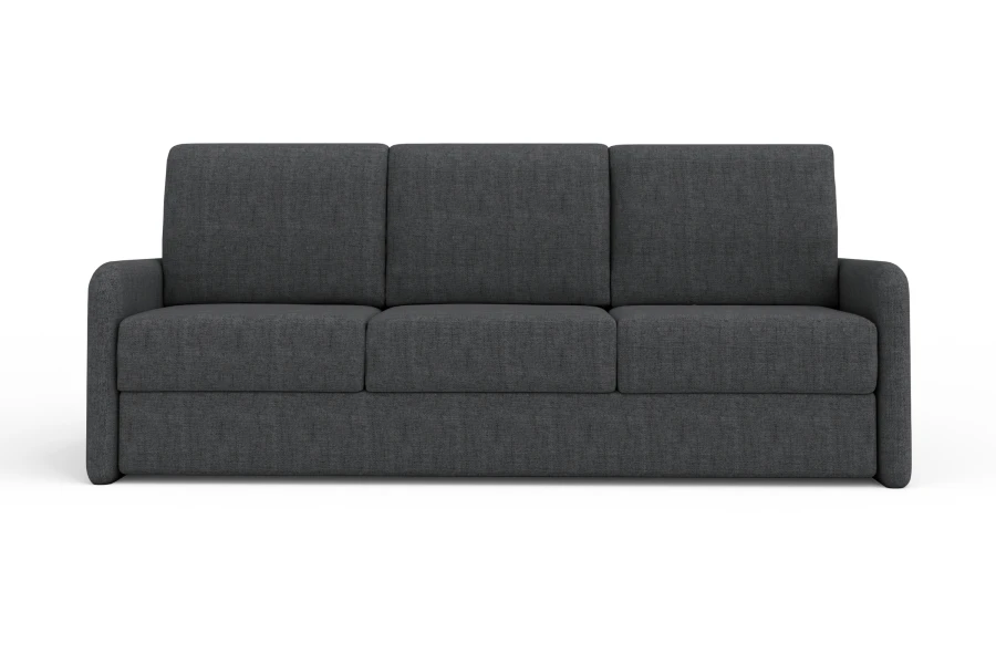 Graues 3-Sitzer Sofa mit modernem Stoffbezug vor weißem Hintergrund.