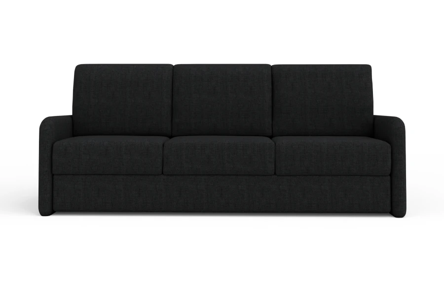 Schwarzes 3-Sitzer Sofa in minimalistischem Design auf weißem Grund.