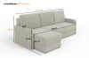 Technische Zeichnung mit Maßen für das beige Ecksofa und die Schlaffläche.