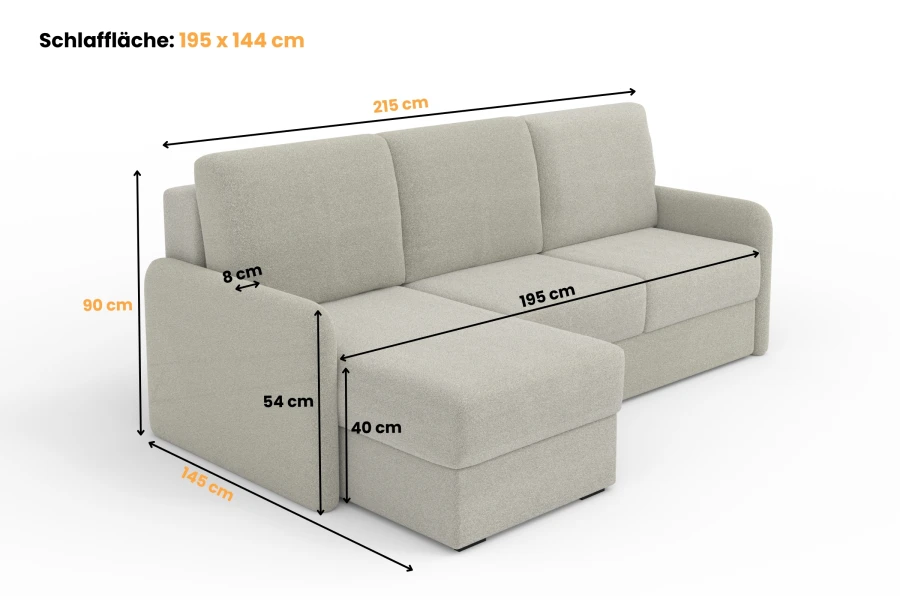 Technische Zeichnung mit Maßen für das beige Ecksofa und die Schlaffläche.